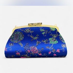 Chinese Embroidered Blue Floral Clutch w/ Detachable Chain Strap